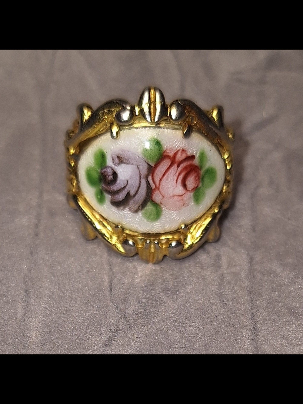 Gold Tone Floral Porcelain Ring with Pink and Lavender Roses
